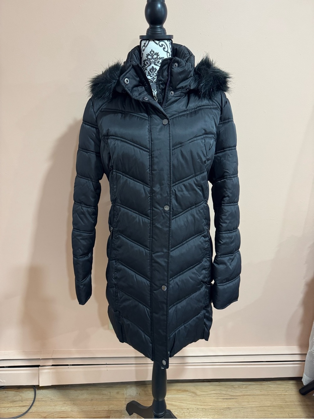 Kenneth Cole Black Long Hooded Puffer Coat with Faux Fur Trim
